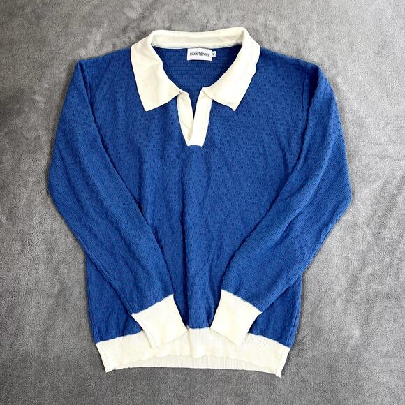 Oxknit Sweater Polo Men's M Johnny Collar Blue Knit Coastal Retro Preppy 70's - Picture 1 of 8